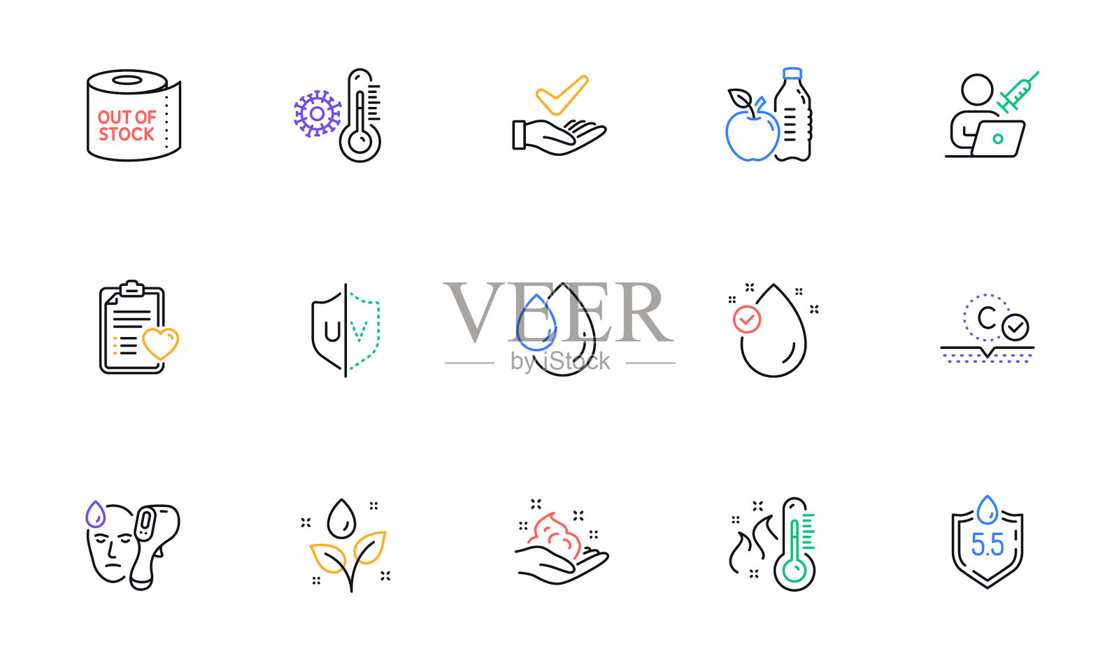 厕纸胶原蛋白皮肤和紫外线保护线图标素材