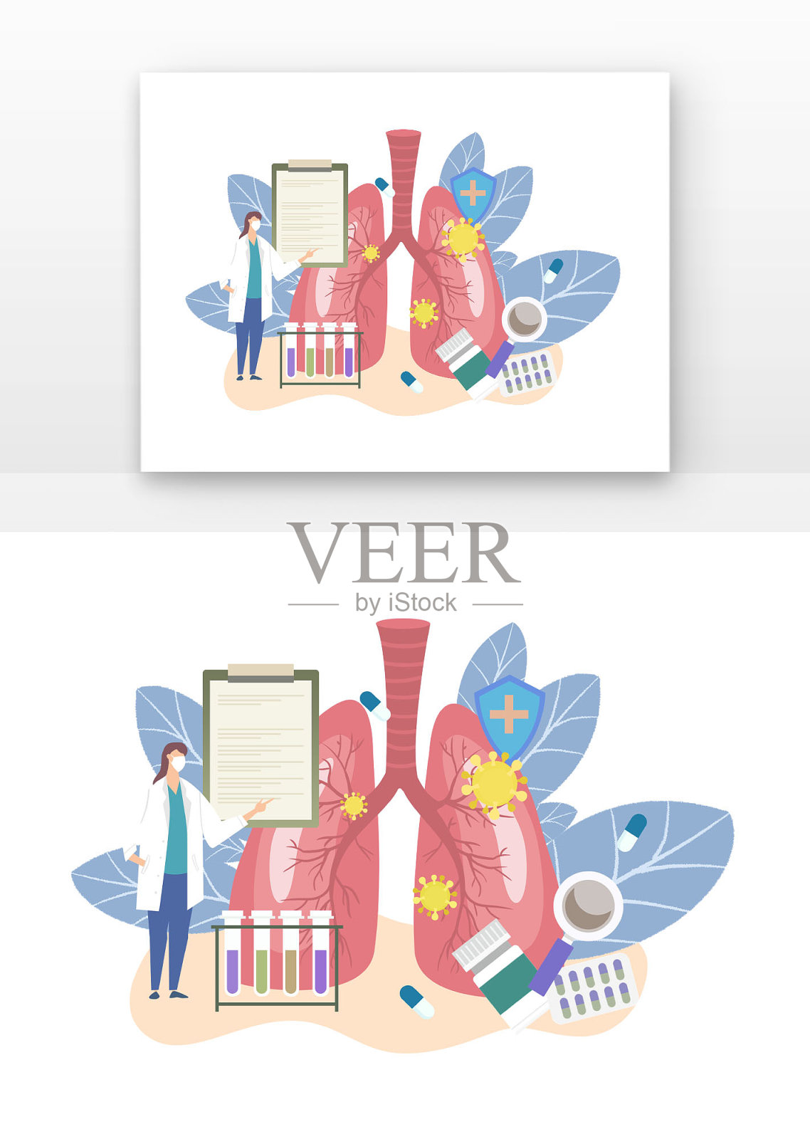 蓝色植物药剂放大镜扁平风矢量肺科场景设计元素图片