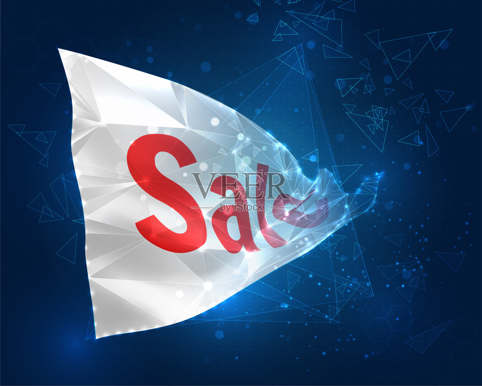 销售和折扣矢量旗帜,虚拟抽象三维对象从三角形多边形在蓝色的背景插画图片素材