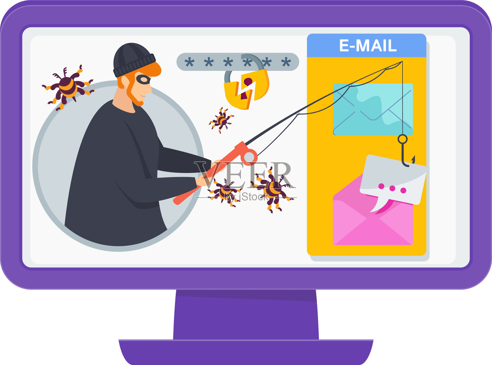 黑客攻击。拿着鱼竿的黑客。电子邮件窃听。插画图片素材
