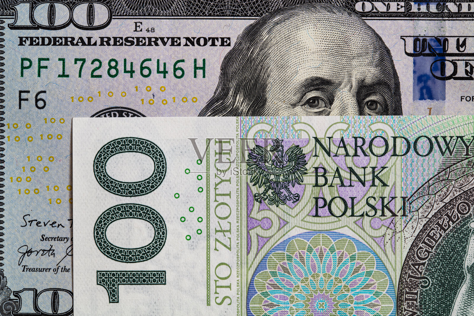 100美元和100波兰兹罗提纸币照片摄影图片