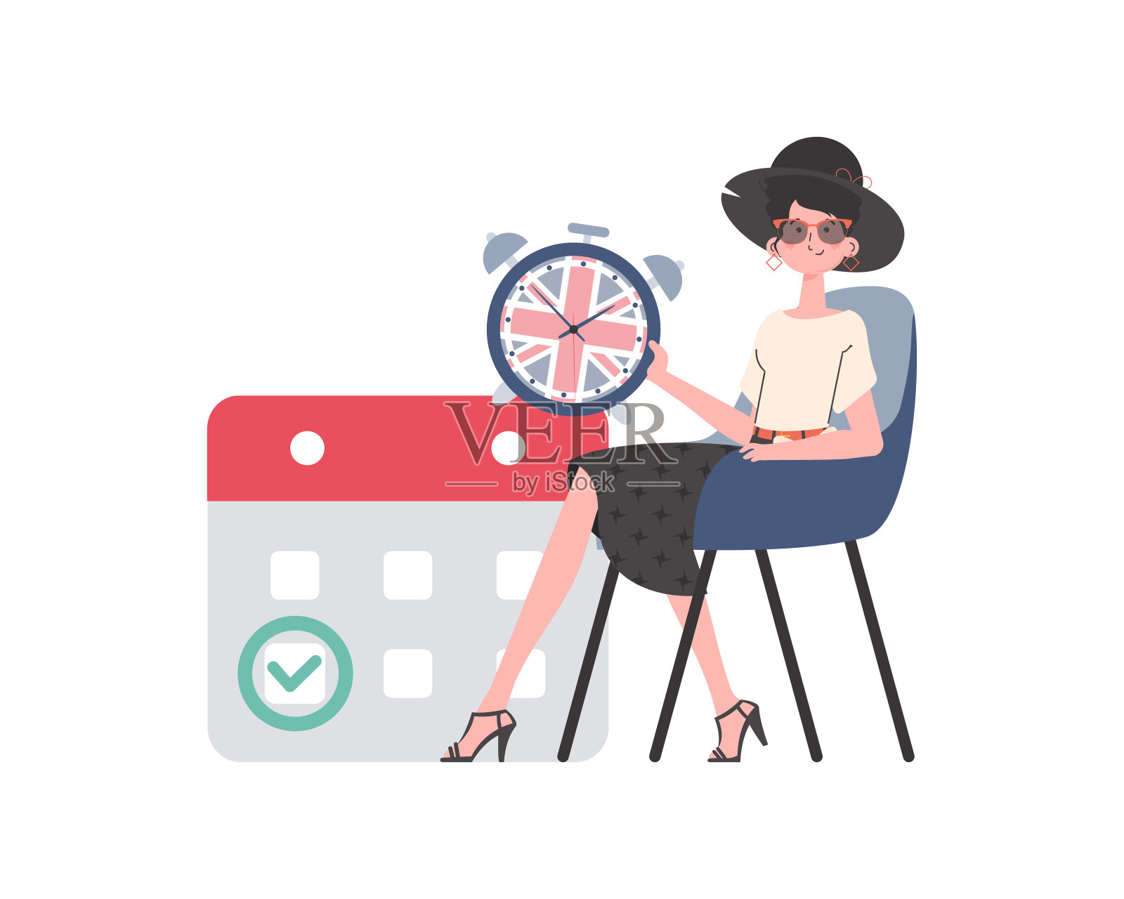 姑娘,日历上有标记的日期和时钟。学习英语的概念。孤立。时尚卡通风格。矢量插图。插画图片素材