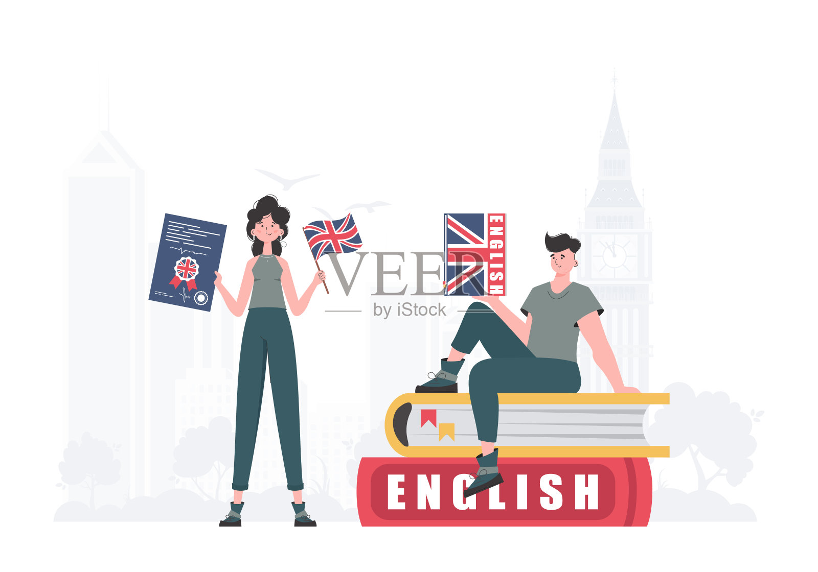 学习英语的概念。男女英语老师。时髦的公寓风格。插图在向量。插画图片素材