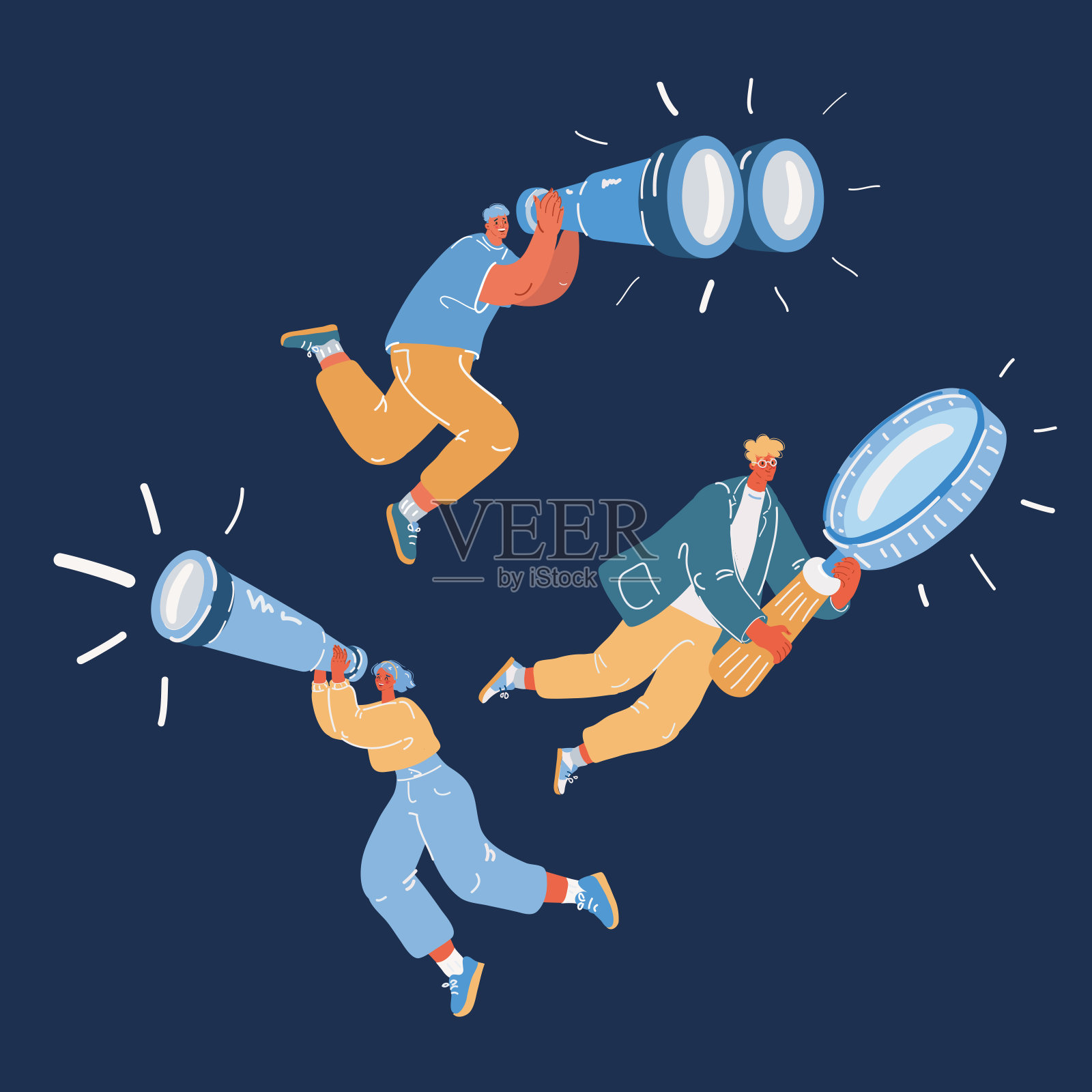 卡通矢量插画:使用双筒望远镜的人们图标插画图片素材