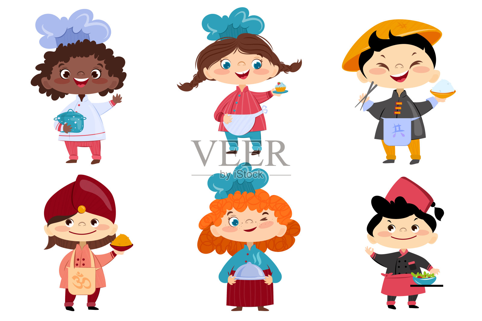 卡通可爱的孩子厨师在围裙和帽子烹饪食物设计元素图片