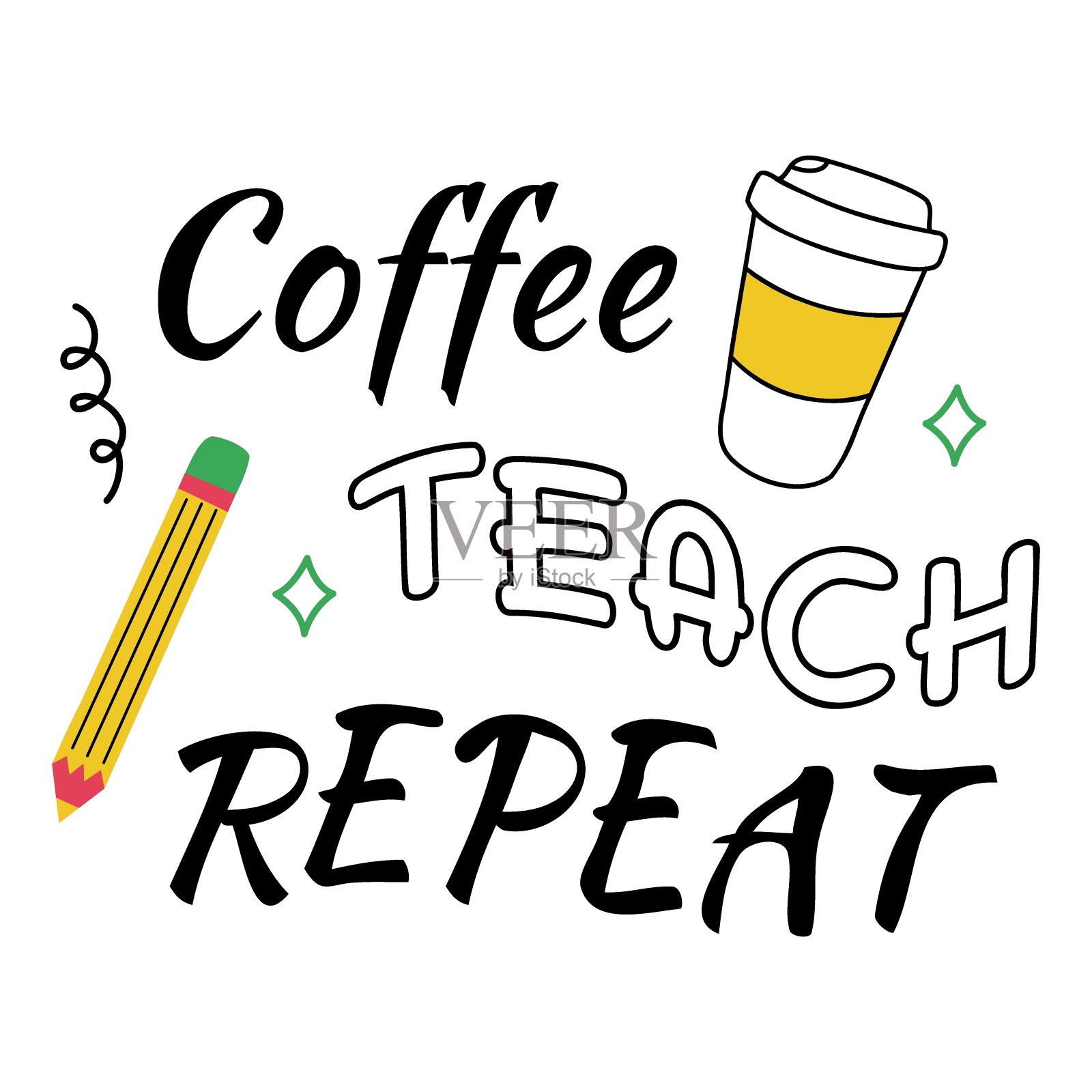 咖啡教重复横幅。矢量插图在涂鸦风格。学校老师排版有趣的设计礼物贴纸插画图片素材