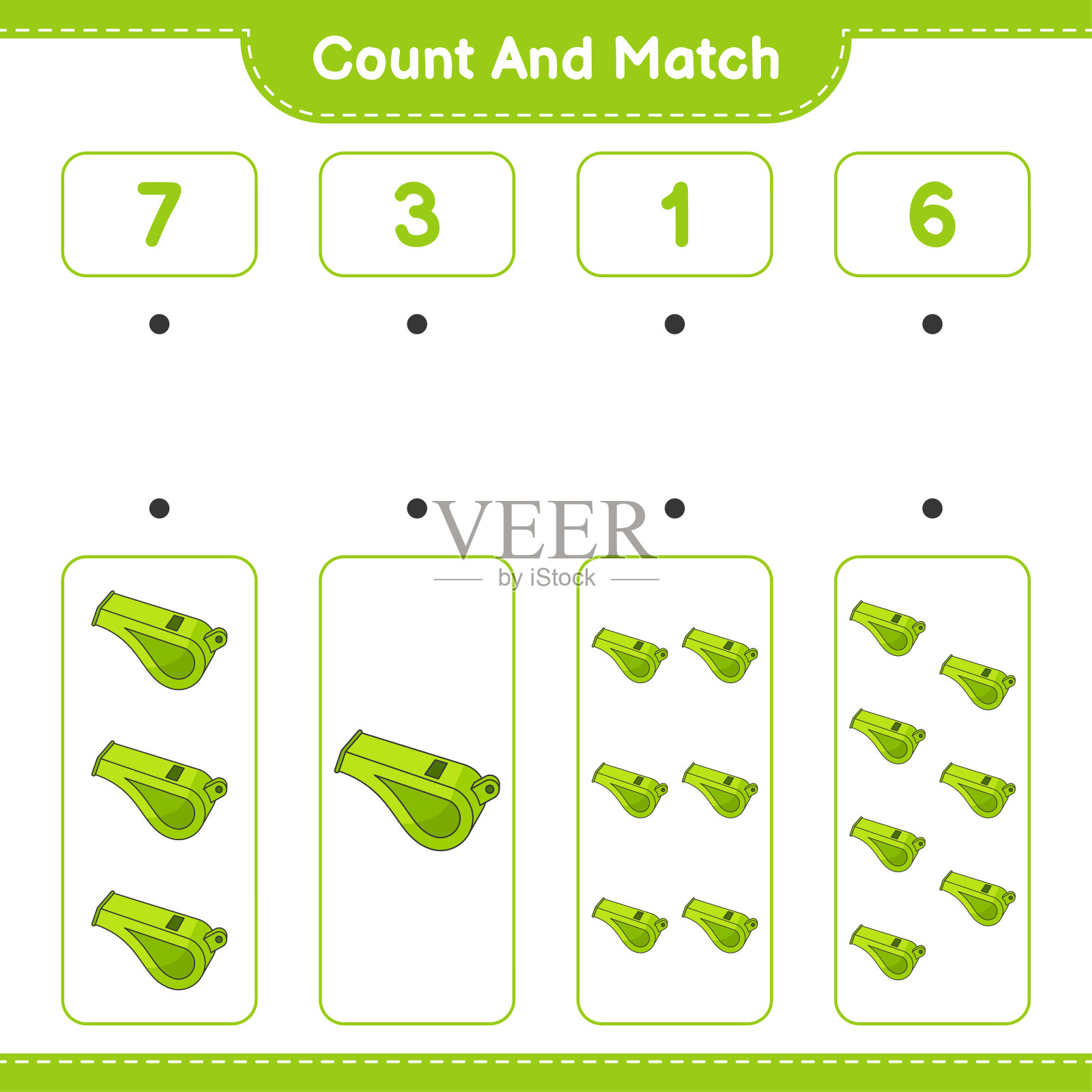 计数和匹配,计数哨子的数量,并匹配正确的数字。教育儿童游戏,可打印的工作表,矢量插图插画图片素材