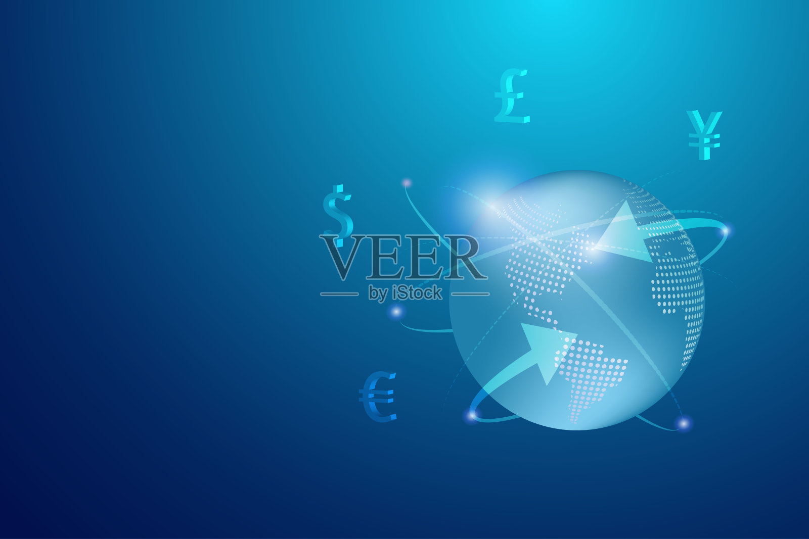 转账和网上货币兑换。世界外币符号联网,全球投资金融创新科技。插画图片素材