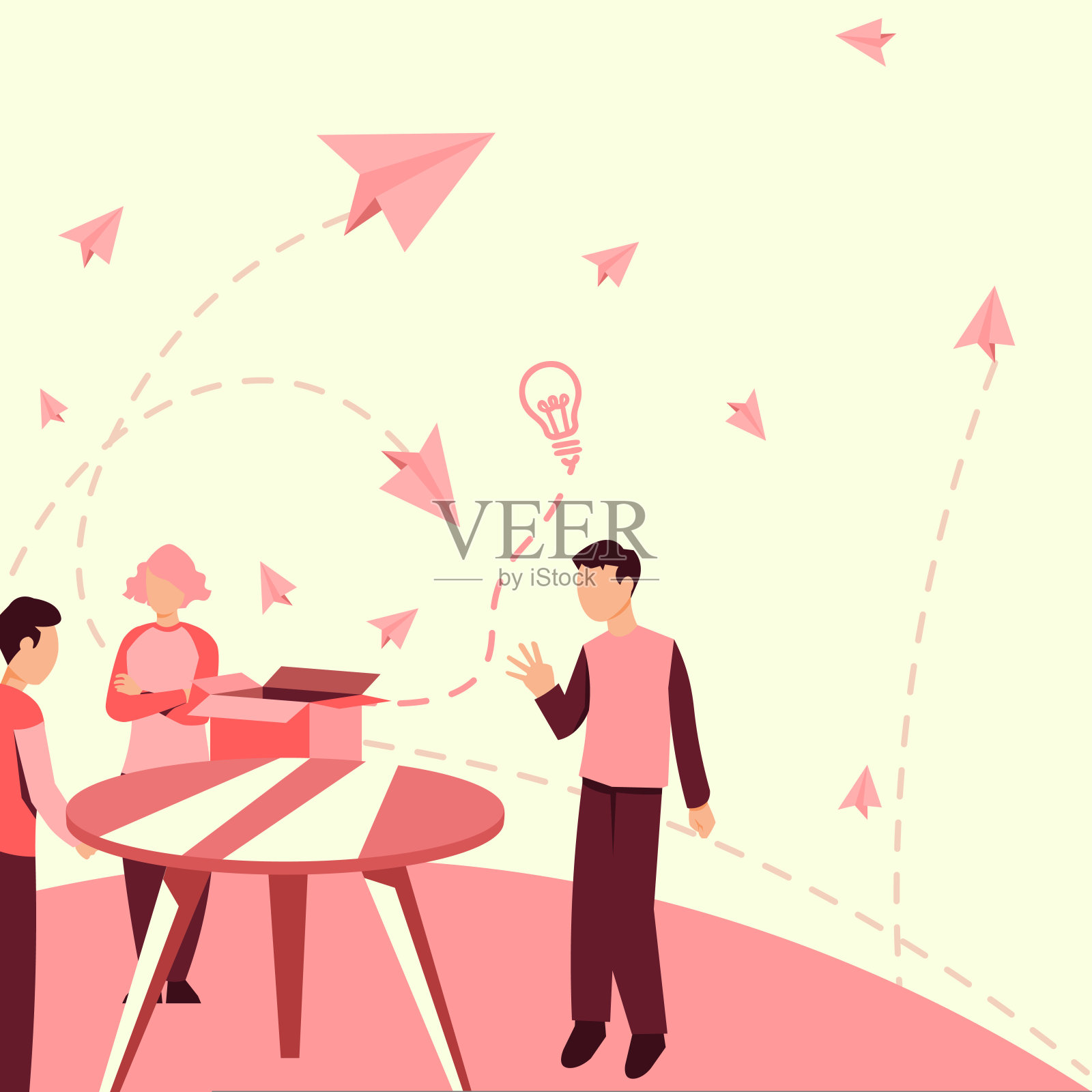 同事们在桌子旁思考新的创新想法。三个人讨论最近的更新。高管们在桌上推理当前的原始数据。插画图片素材