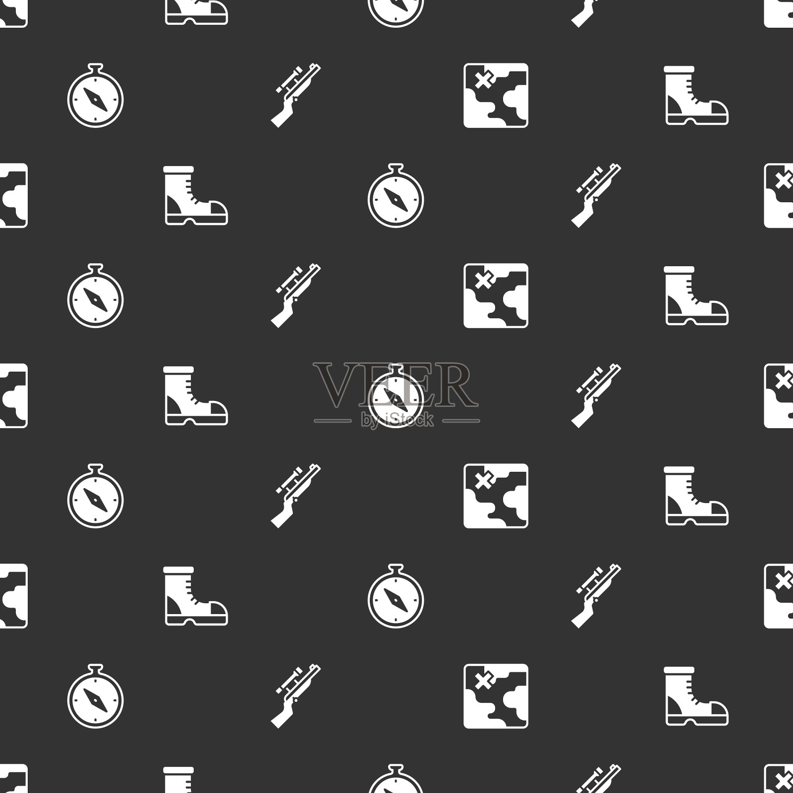 设置非洲狩猎地图猎人靴子指南针和图标素材