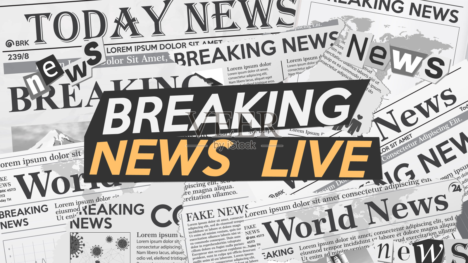 有突发新闻的报纸。报纸的残片。紧急新闻事件的背景。现实矢量插图新闻与报纸。插画图片素材