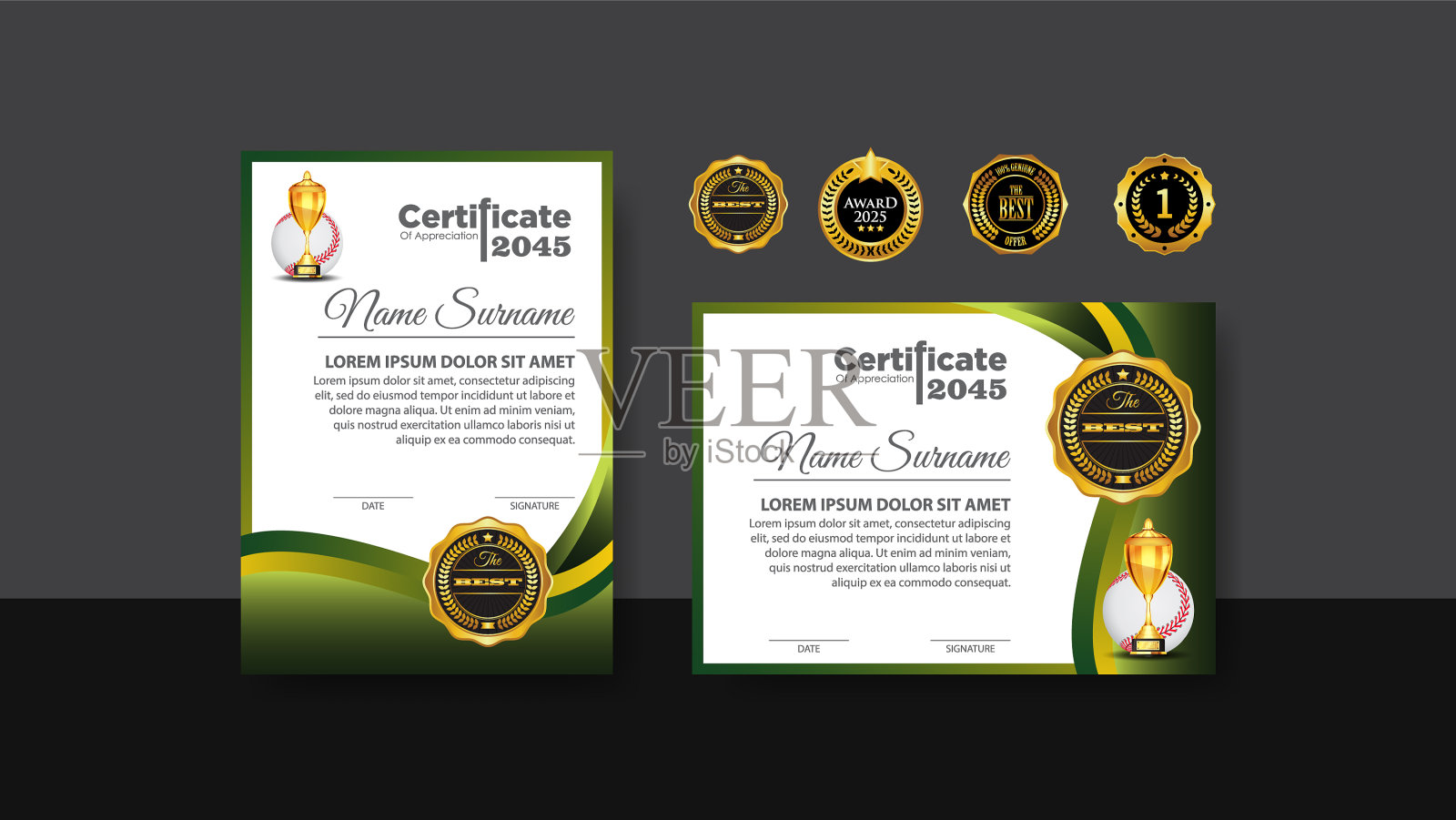 棒球证书设计与金杯套插画图片素材