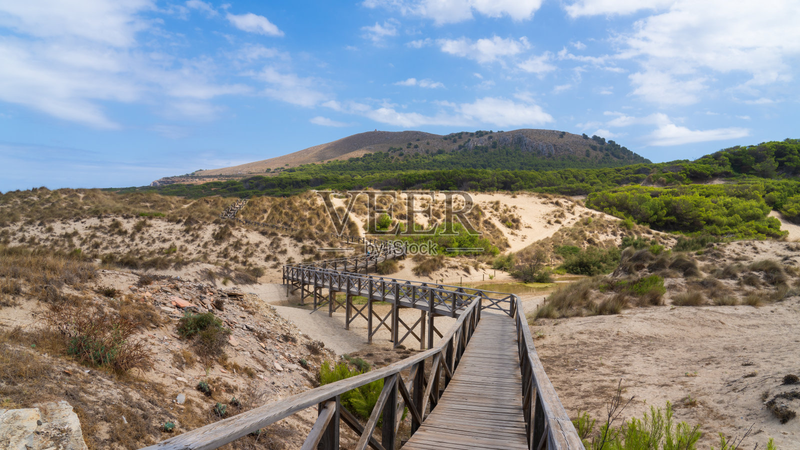 在马略卡岛的马斯奎达沙丘上的徒步路径,西班牙。照片摄影图片