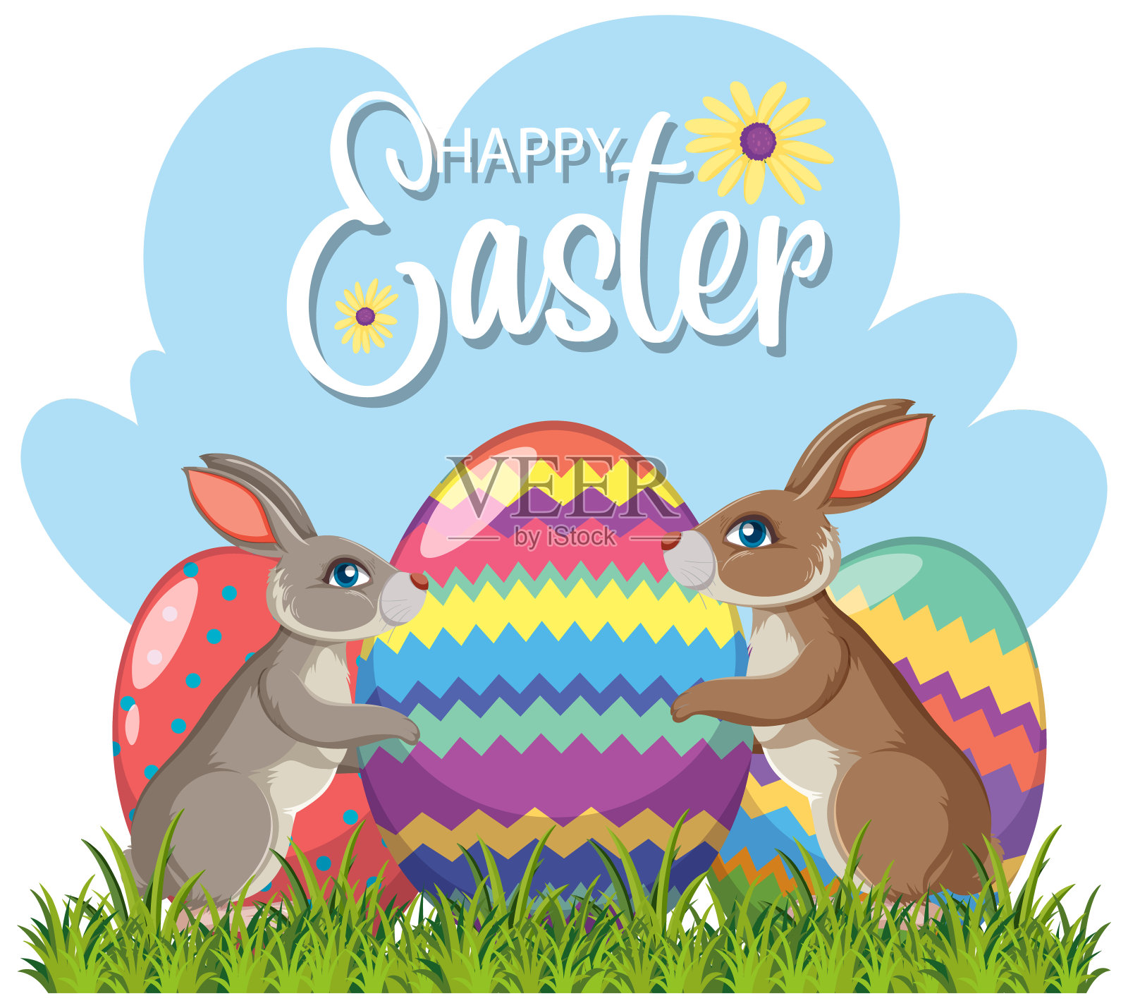 快乐的复活节设计与兔子和鸡蛋插画图片素材
