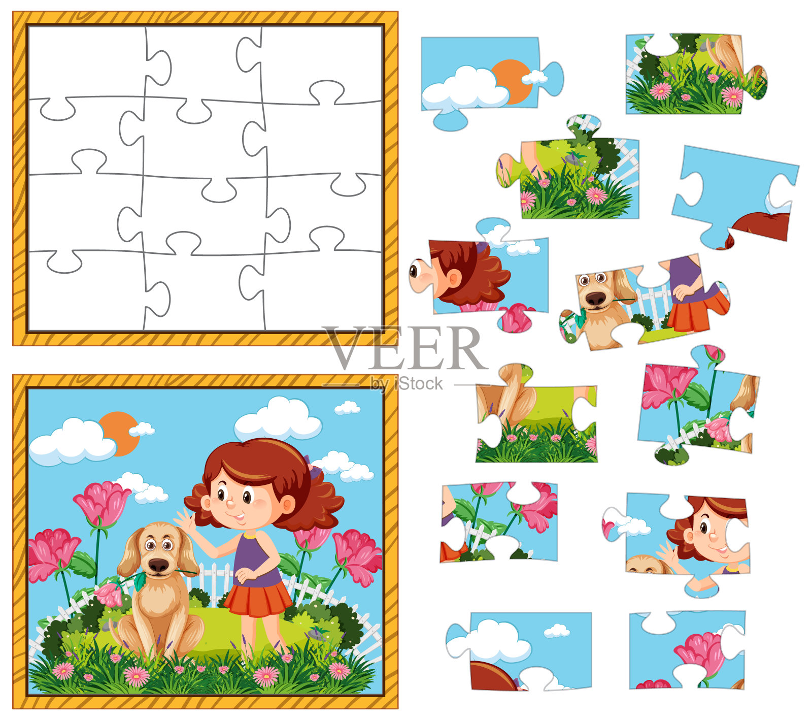 女孩与狗狗合影拼图游戏模板插画图片素材