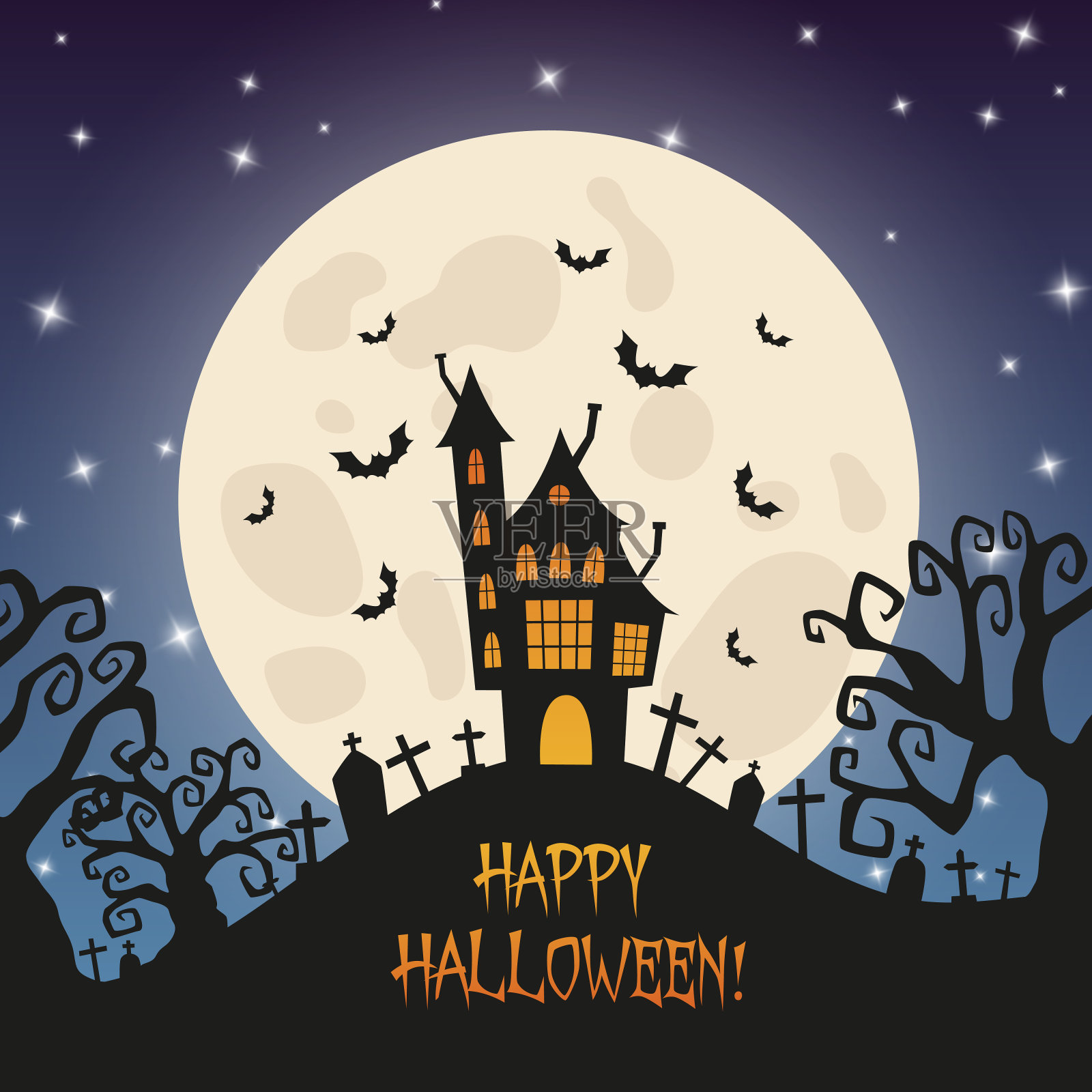万圣节幽灵老鬼屋与一个大月亮和蝙蝠在夜空的背景插画图片素材