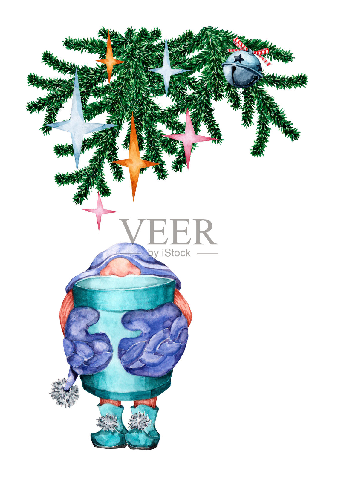 一根装饰过的云杉树枝和一个拿着一杯饮料的小矮人。水彩手绘插图白色背景与星星。祝贺你的圣诞卡。新年快乐,圣诞快乐。插画图片素材