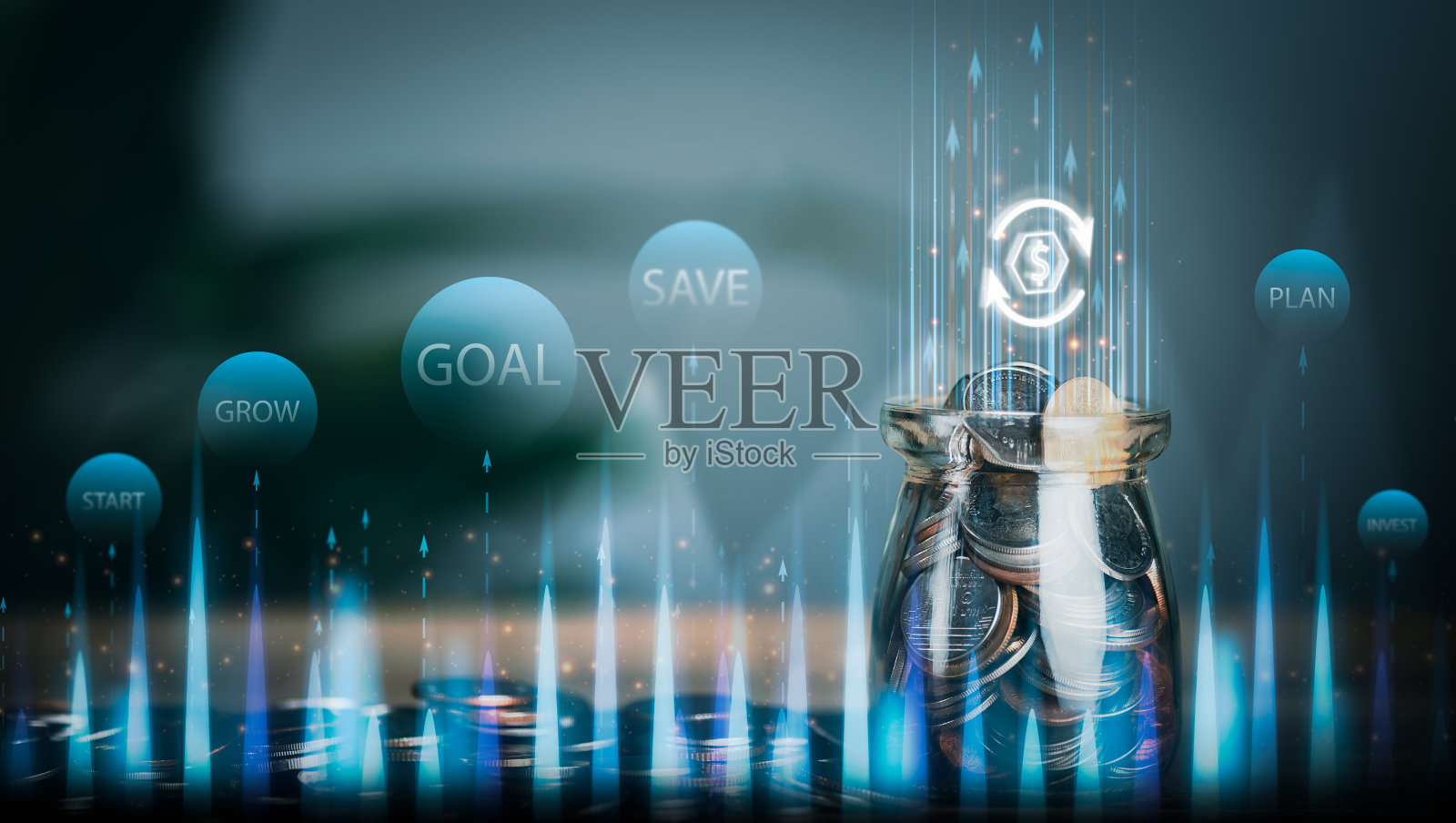 玻璃罐和硬币摆在桌子上,投资业务中的金融和增长理念,未来的成功战略基于良好的收益规划和管理,节省资金创造投资机会。照片摄影图片