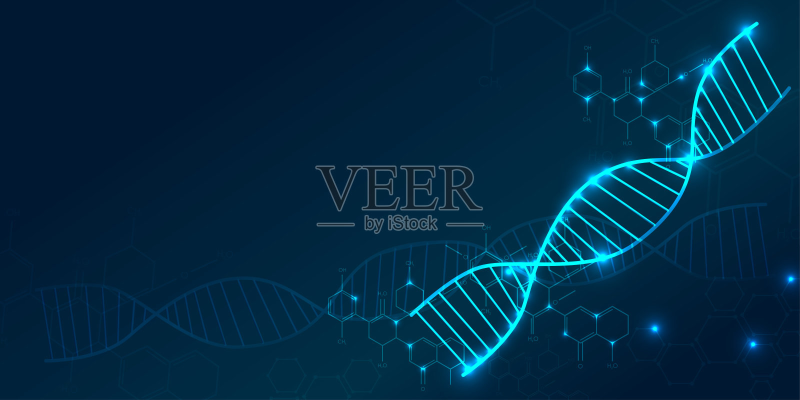 蓝色背景上的DNA分子螺旋线框照片摄影图片