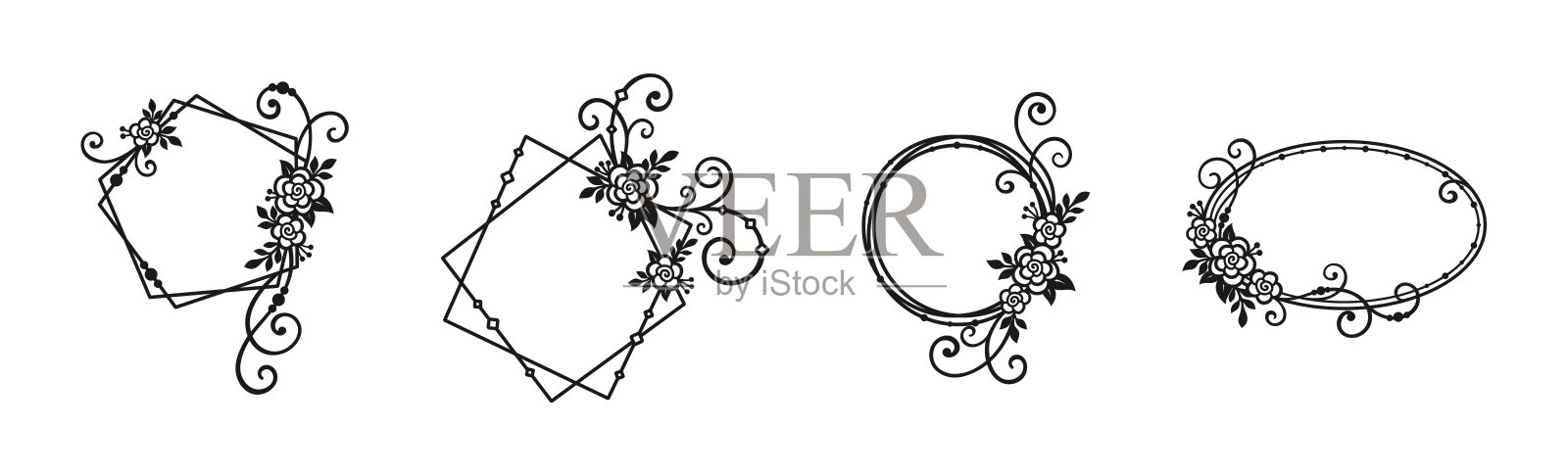 黑色和白色的一套优雅的框架与花朵,树叶,细枝和花饰插画图片素材