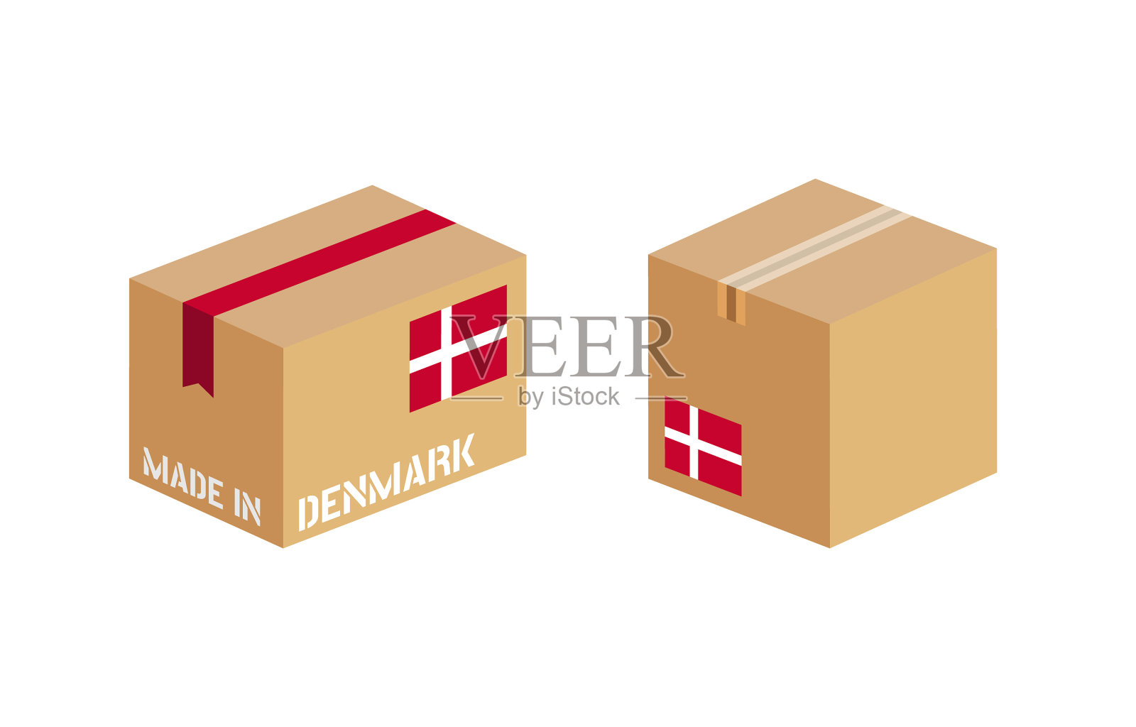 盒子与丹麦国旗图标设置纸板交货图标素材