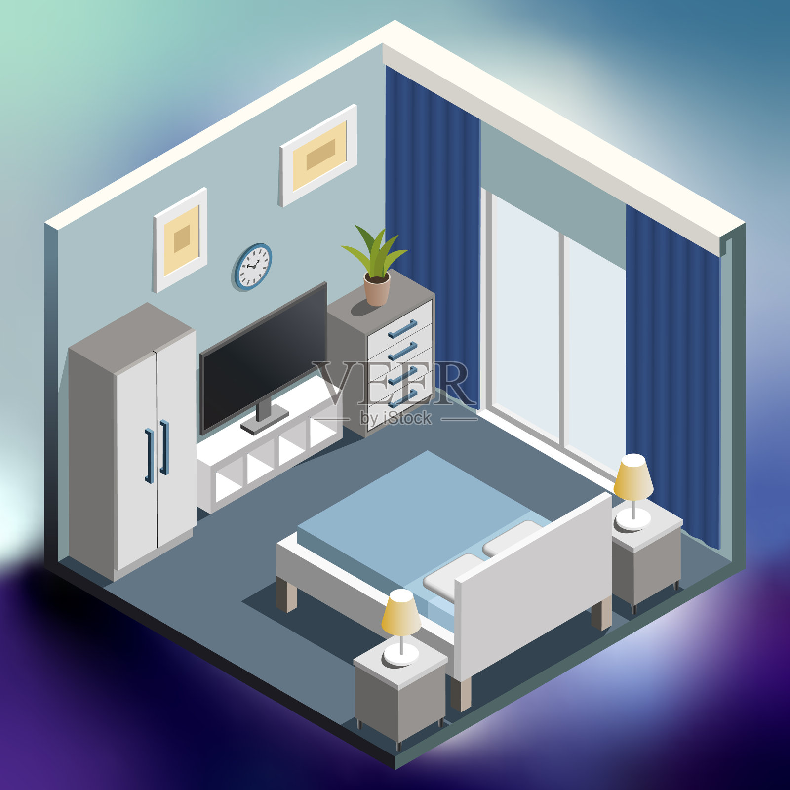 卧室内部等距上五颜六色明亮插画图片素材
