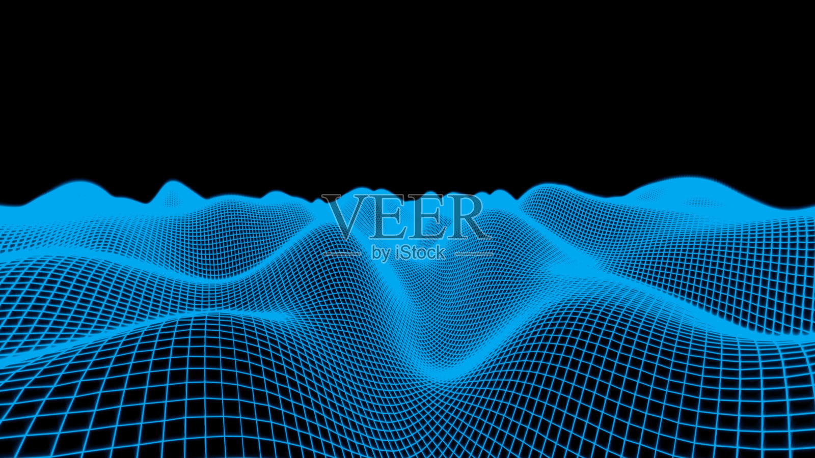 蓝色线框抽象山景观在黑色背景。现代发光网格插图,3D渲染照片摄影图片