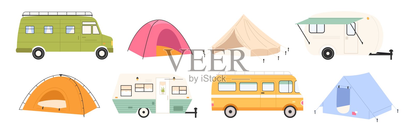 孤立的露营旅行交通工具,游客回家靠车轮。现代帐篷露营和拖车,营地卡通车辆的娱乐对自然活泼向量集插画图片素材