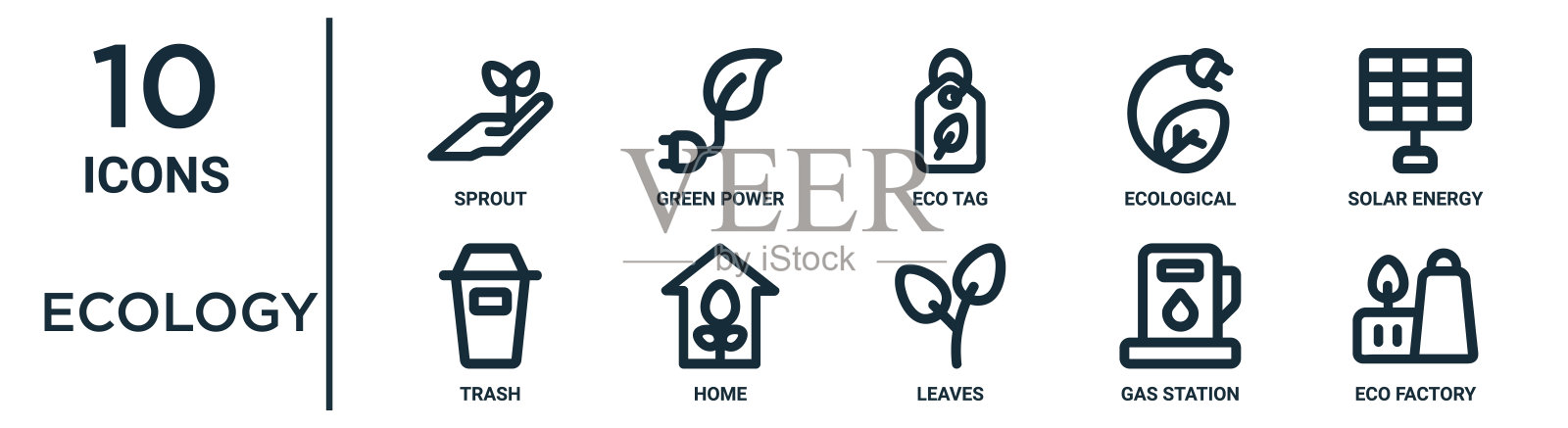 生态轮廓图标集包括细线芽,生态标签,太阳能,家庭,加油站,生态工厂,垃圾图标报告,演示,图表,网页设计图标素材