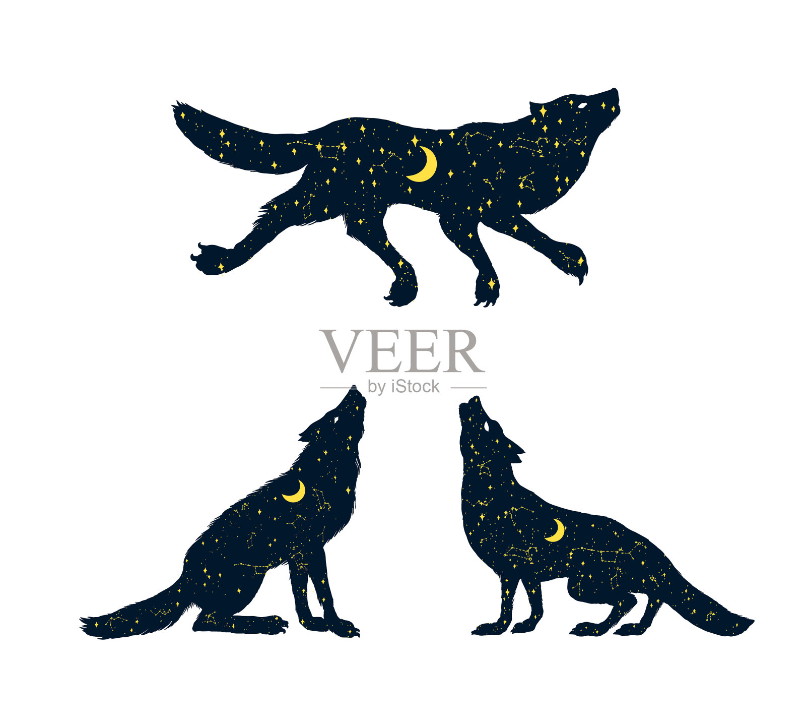 狼对着月亮的剪影嚎叫插画图片素材
