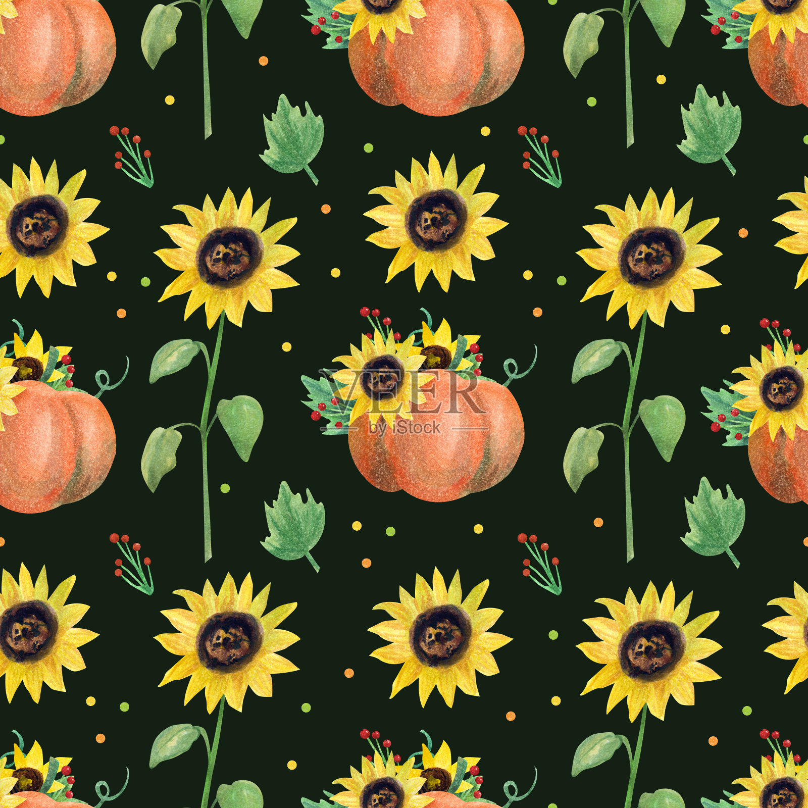 水彩无缝图案与深绿色背景南瓜和向日葵插画图片素材