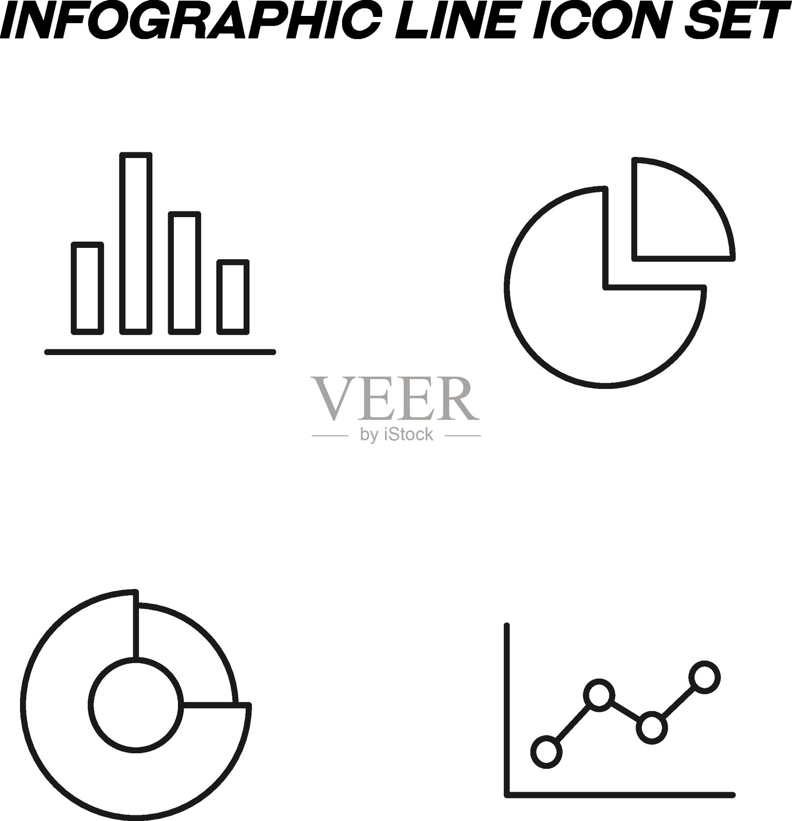 用黑色细线画的简单单色标志。带有进度条、饼图和其他图表符号的矢量线图标集图标素材