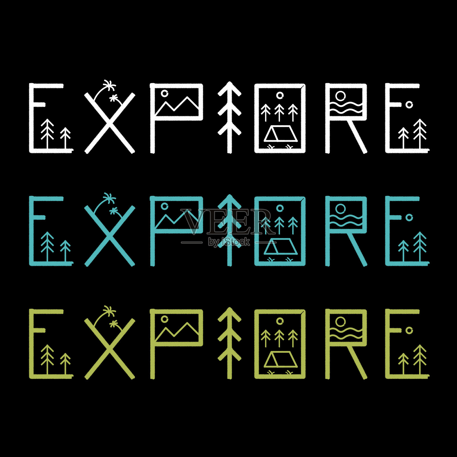 在单线艺术中探索与自然露营海滩的设计插画图片素材