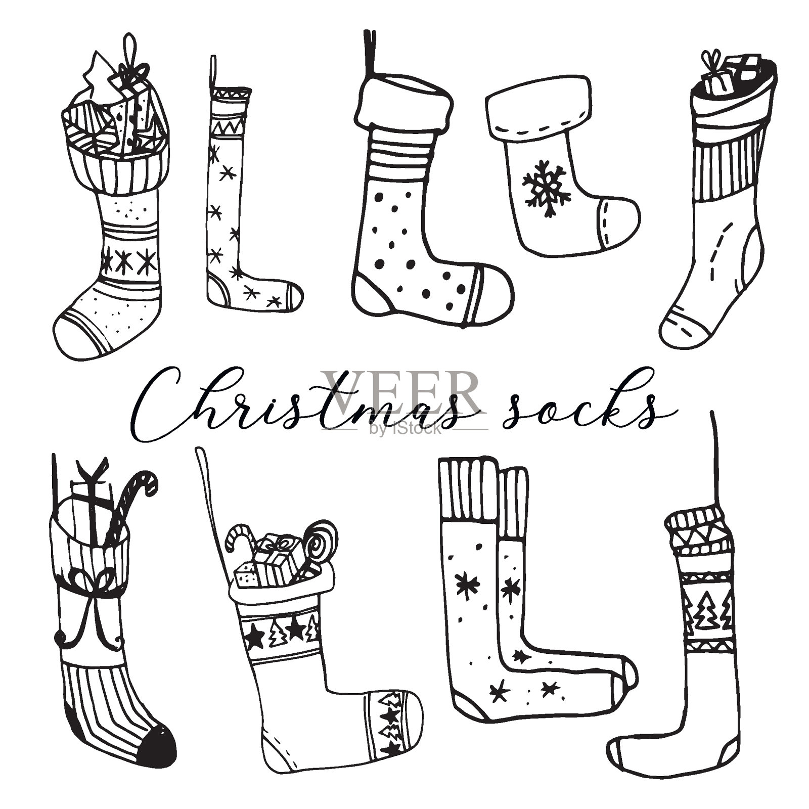 冬天涂鸦圣诞袜。插画图片素材