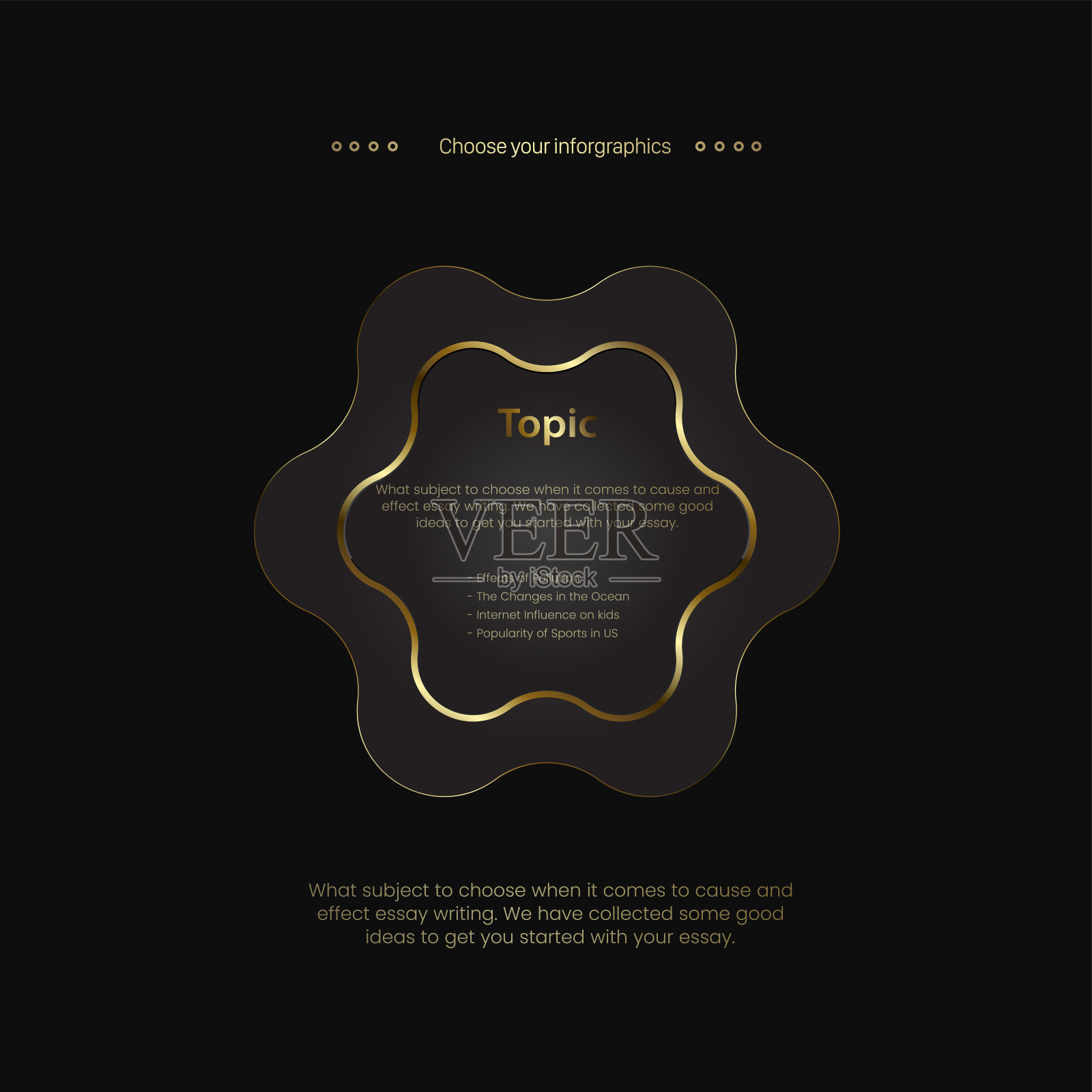 现代奢华的信息图形设计在黑色背景,一朵花形状金色斯托顿风格的商业和教育对象设计插画图片素材