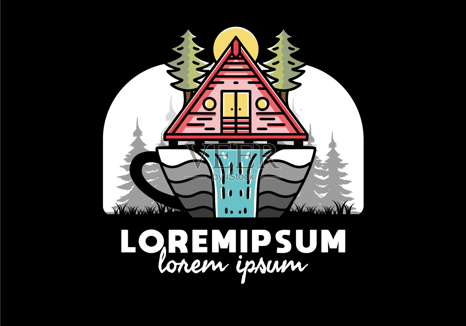 木木屋和松树上的咖啡杯形状插画图片素材