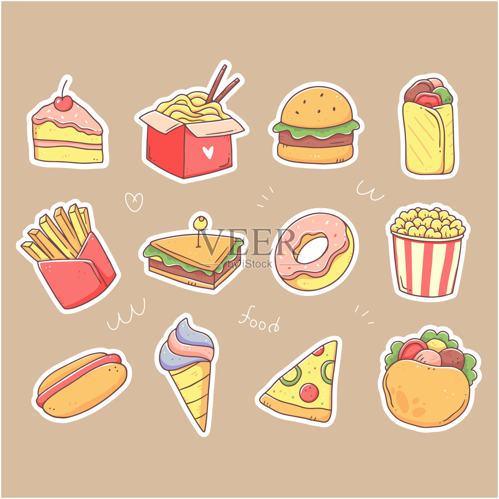 一套快餐贴纸。涂鸦风格的垃圾食品。孤立的剪纸艺术插图。插画图片素材