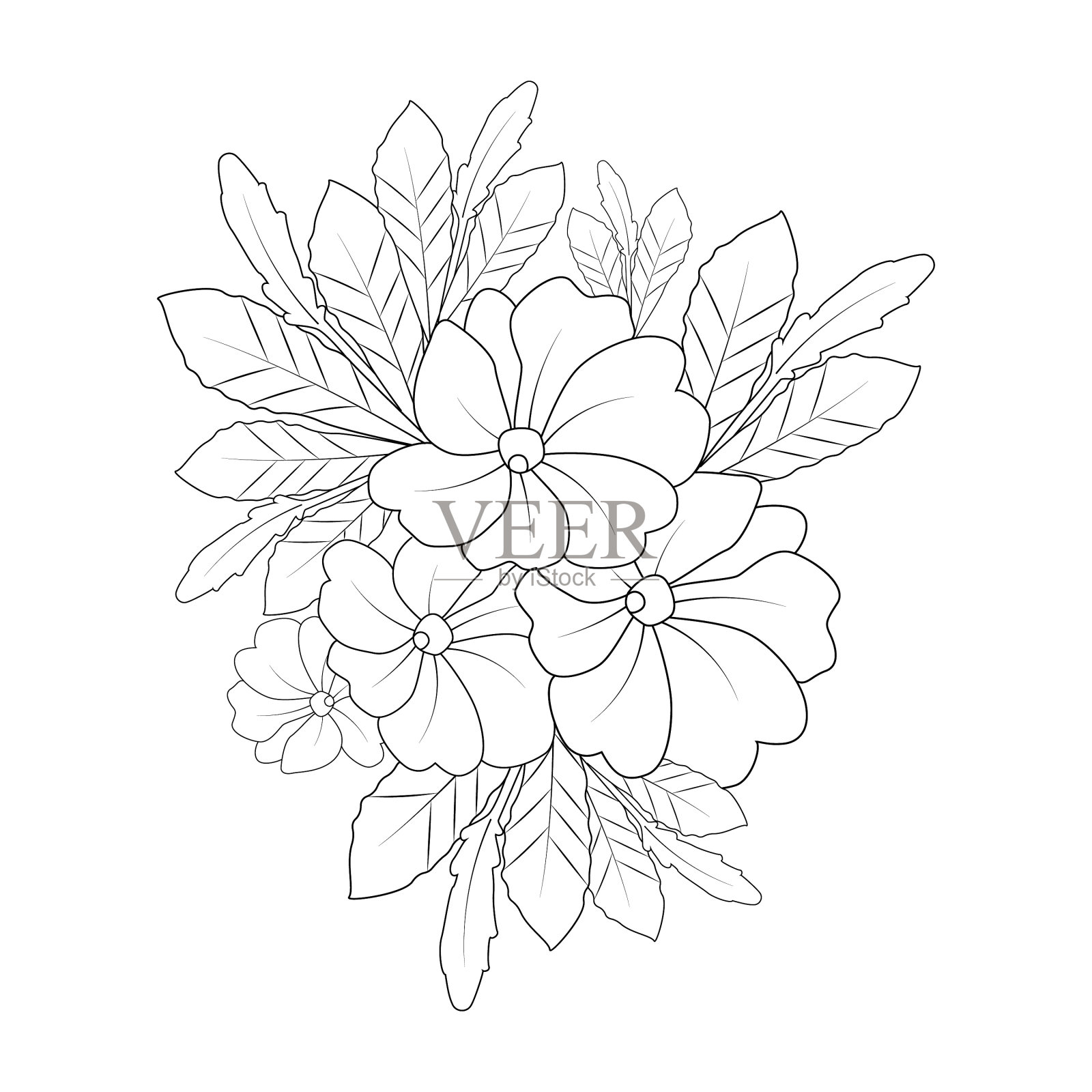 盛开的花朵与树叶涂色书页插画图片素材