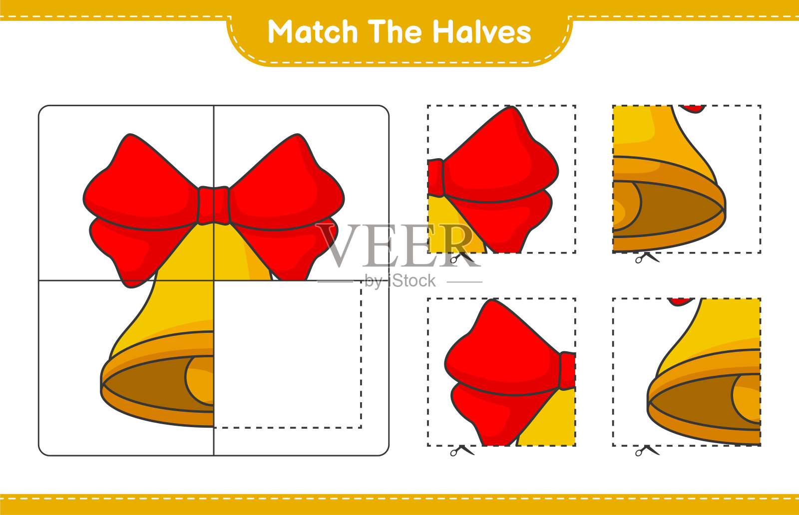 匹配的部分。把圣诞钟的一半配对。教育儿童游戏,可打印的工作表,矢量插图插画图片素材