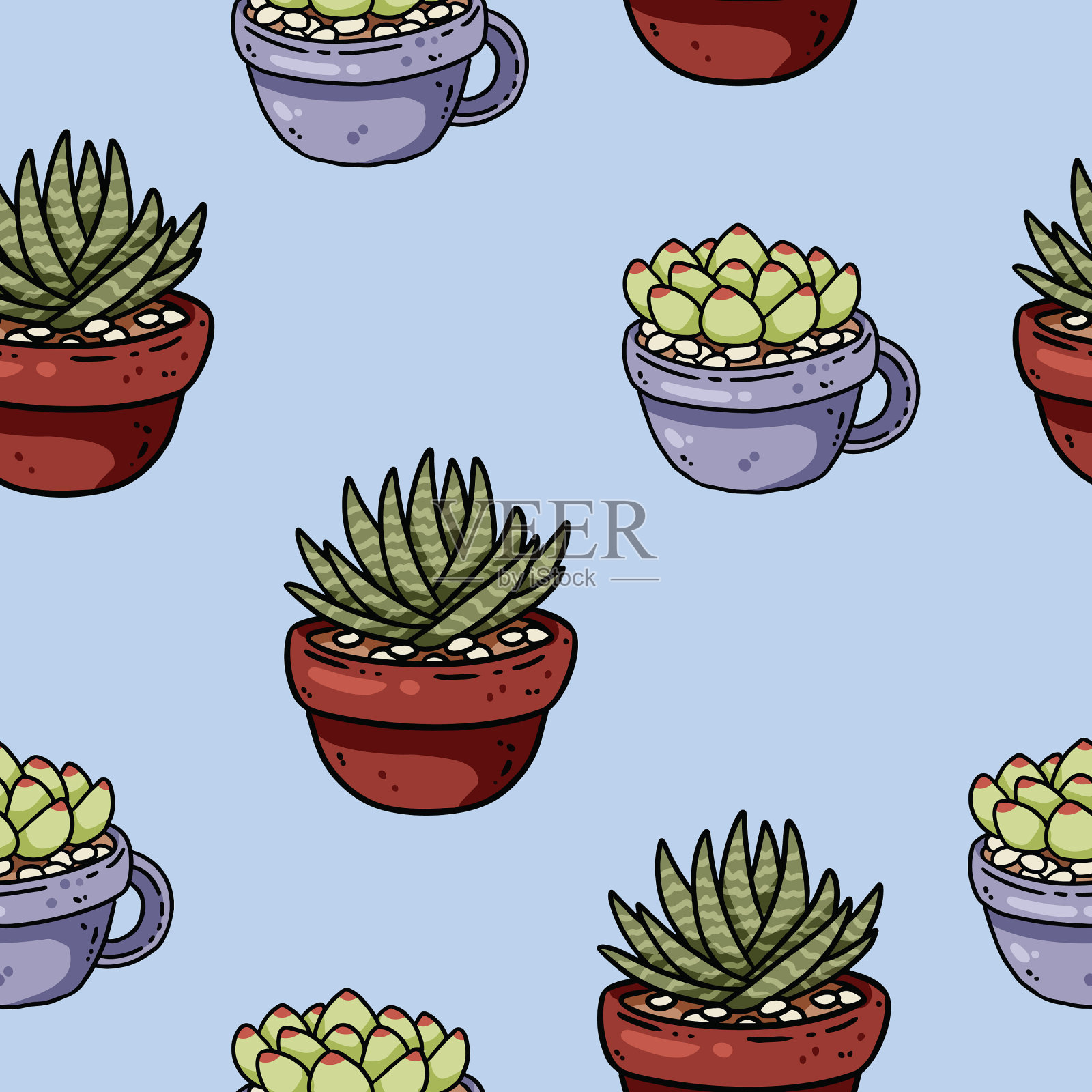 可爱的卡通多肉植物涂鸦无缝衔接插画图片素材