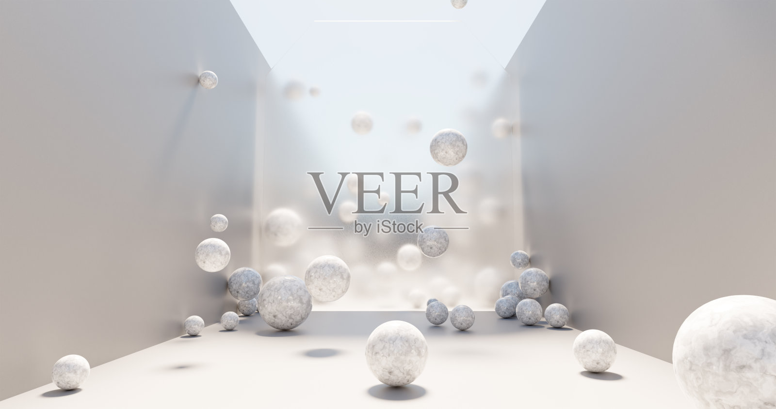 3 d渲染。一个明亮的房间与玻璃球在半透明玻璃的背景抽象图像。照片摄影图片