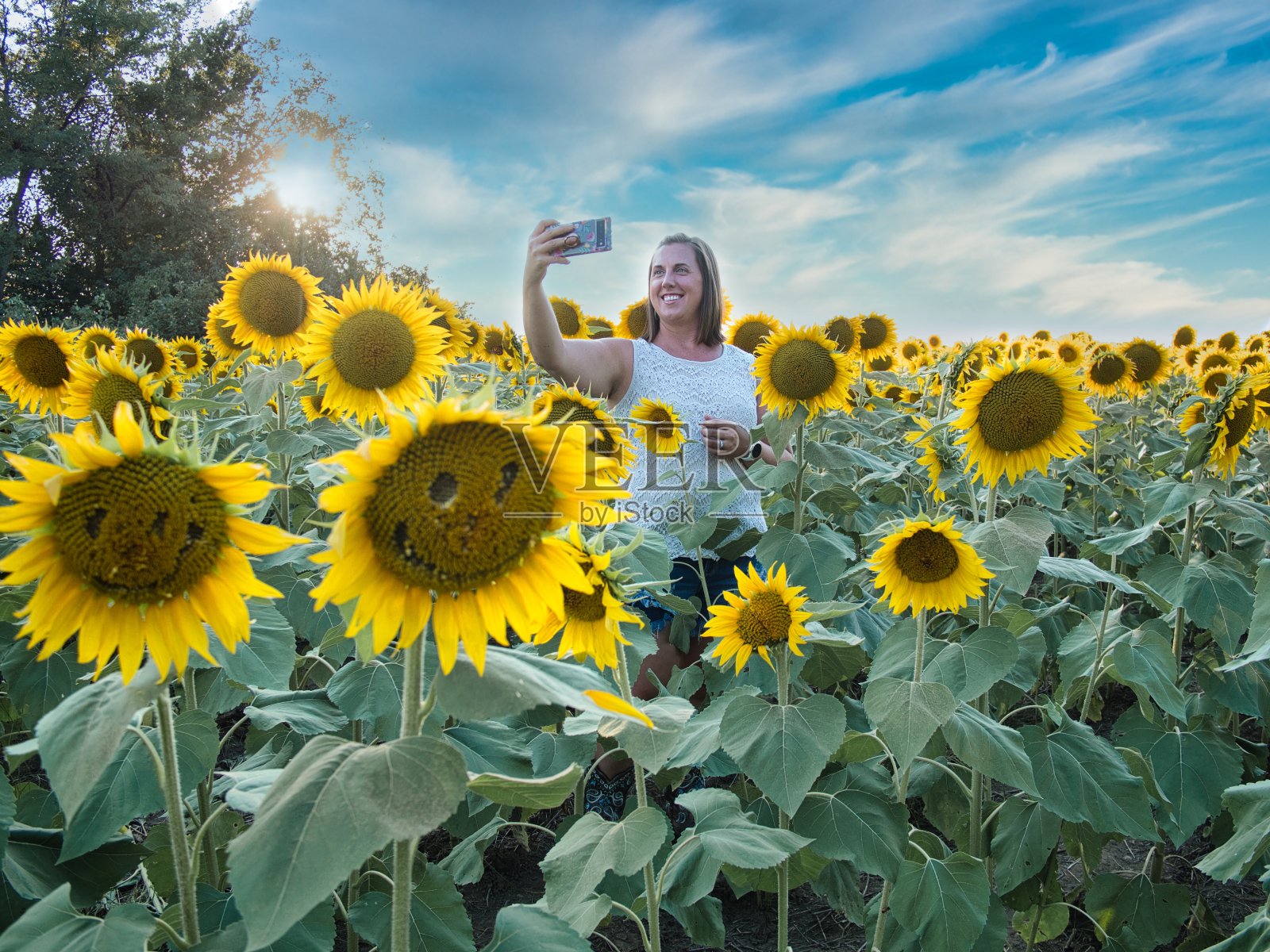站在堪萨斯州向日葵田里的女人照片摄影图片