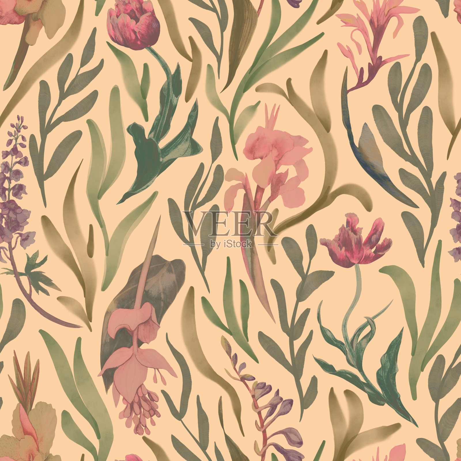 热带无缝花卉图案。用水彩花和叶子打印插画图片素材