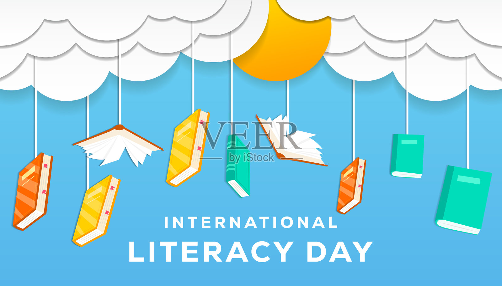 国际扫盲日在云端挂书插画图片素材