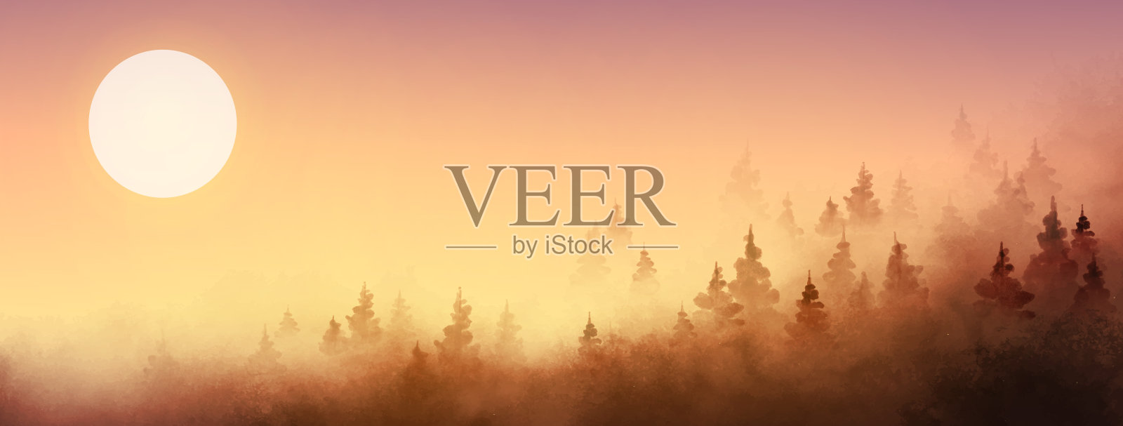 雾蒙蒙的森林山景。传统的东方水墨画苏墨、墨仙、墨花。插画图片素材