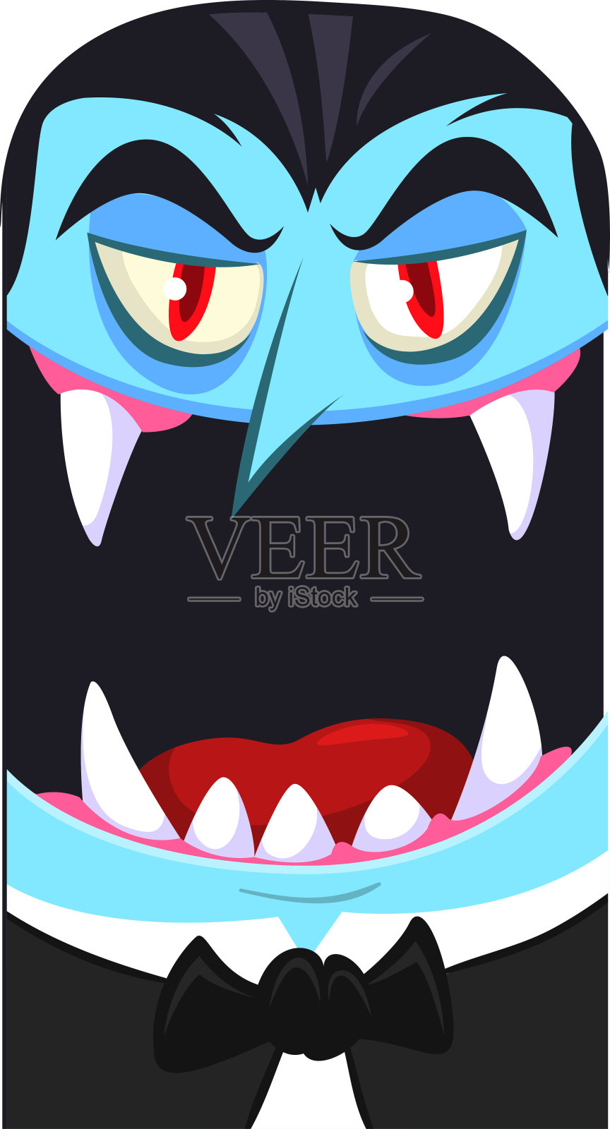 万圣节快乐。数数德古拉的头像。可爱的卡通吸血鬼,张大嘴巴,舌头,獠牙。设计元素图片