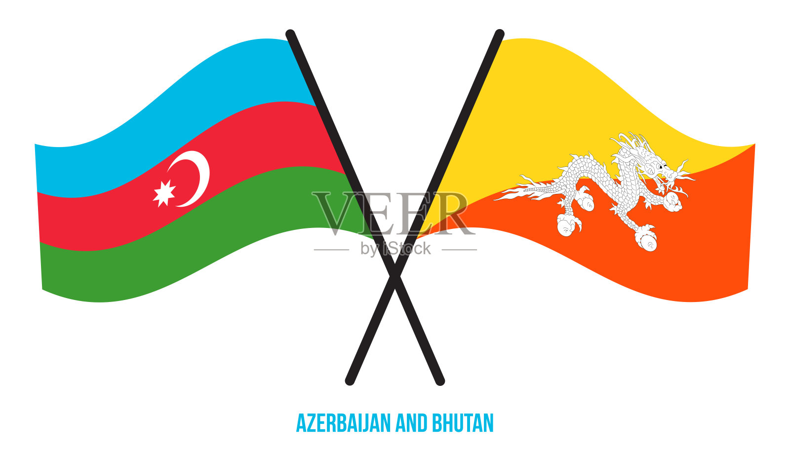 阿塞拜疆和不丹的国旗交叉并平展。官方的比例。正确的颜色。设计元素图片