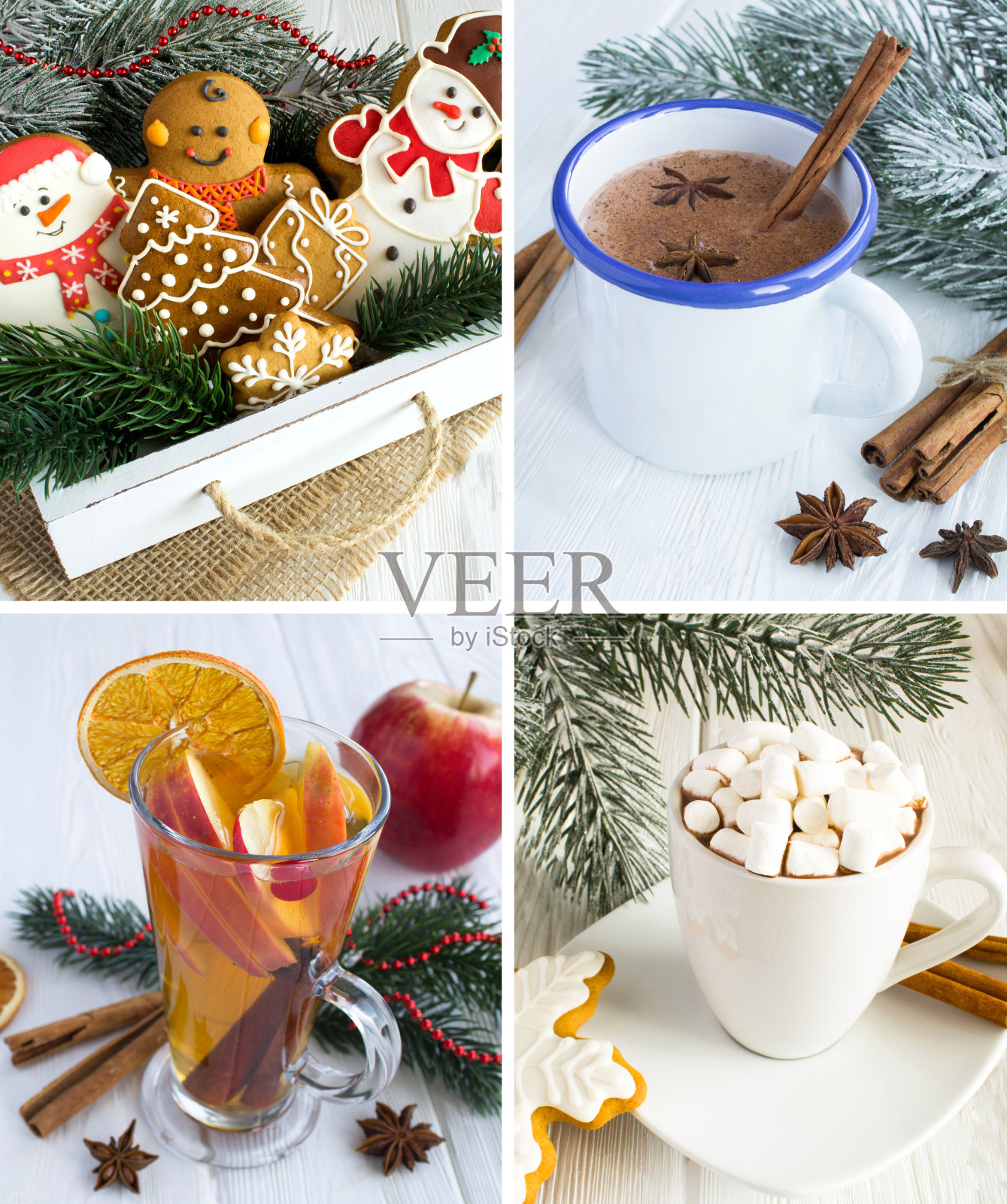 白色木质背景上的圣诞饮料和姜饼拼贴画。特写镜头。照片摄影图片