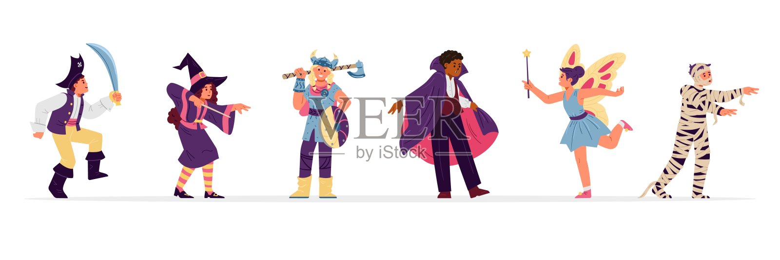孩子们在不同的万圣节服装矢量插图。插画图片素材