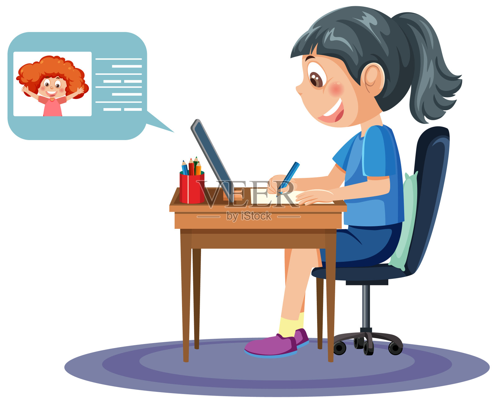 一个女孩用平板电脑在线学习插画图片素材